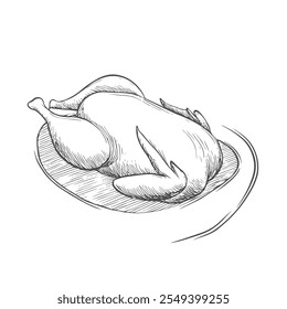 Frango assado delicioso, vetor desenhado à mão, estilo gráfico, ilustração de desenhos animados, preto e branco, estilo de esboço, isolado no fundo branco