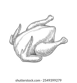 Frango assado delicioso, vetor desenhado à mão, estilo gráfico, ilustração de desenhos animados, preto e branco, estilo de esboço, isolado no fundo branco