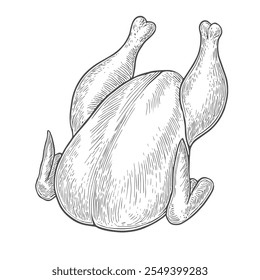 Frango assado delicioso, vetor desenhado à mão, estilo gráfico, ilustração de desenhos animados, preto e branco, estilo de esboço, isolado no fundo branco