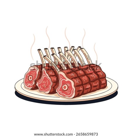 Delicious roasted rack of lamb ready for a feast beautifully prepared and served on a white plate