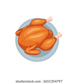 Delicioso assado frango inteiro em um prato, visto de cima. Ilustração vetorial de desenhos animados ideal para temas de comida, culinária e design de restaurantes