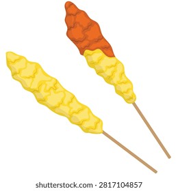 Delicious Rolled Egg Omelette (Telur Gulung) Street Food Vector Illustration, Indonesian Traditional Snack Skewered Egg Roll with Savoury Sauce, Popular Asian Night Market Cuisine Isolated on Clean Background