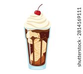 Delicious Root Beer Float with Vanilla Ice Cream Scoops, Whipped Cream, and Cherry in a Tall Glass