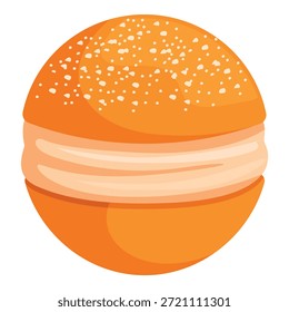 Delicioso bollo de hamburguesa redondo lleno de capas de crema salada y cubierto con semillas de sésamo, creando una delicia tentadora