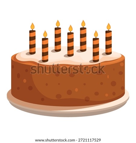 Delicious round cake with burning striped candles celebrating a special occasion