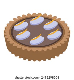 Delicious round cake with chocolate cream, topped with whipped cream and candied orange zest is shown in isometric view