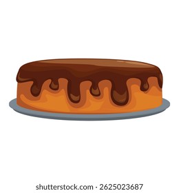 Delicious round cake covered with melted chocolate is standing on the plate
