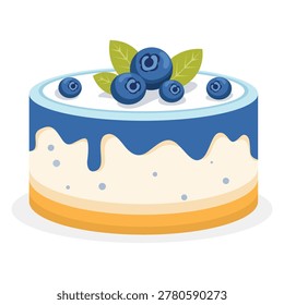 A delicious round cake decorated with fresh blueberries and green leaves, showcasing a white frosting and blue drizzle topping against a simple white background