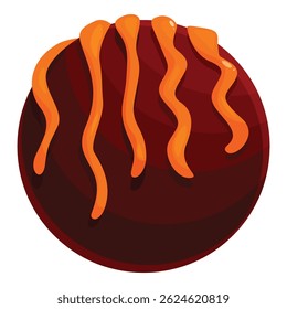 Delicioso doce de chocolate redondo é coberto com caramelo ondulado fluente