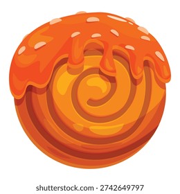Delicious round cinnamon roll pastry with orange icing and sprinkles dripping down its sides, isolated on white background