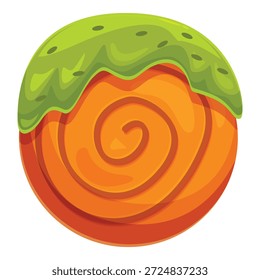 Delicioso caramelo de naranja redondo con glaseado verde goteando sobre él, con un patrón de remolino hipnotizante