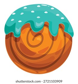 Deliciosa massa redonda com um padrão espiral, coberta de cobertura de turquesa pingando pelas laterais, isolada em branco