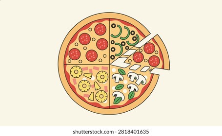 Delicious round pizza divided into different flavor quarters with pepperoni, mushrooms, peppers, and pineapple toppings.