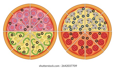 Delicious Round Pizza Pies with Multiple Toppings Variety Different Flavor Profiles on Fresh Dough