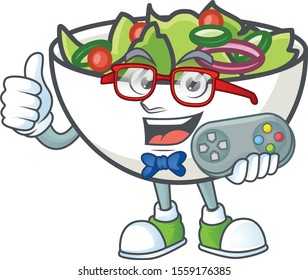 Delicious salad of the holding gamer cartoon character