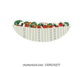 Delicious Salad with Mushrooms, Cucumbers and Tomatoes in Ceramic Bowl, Fresh Healthy Dish Vector Illustration