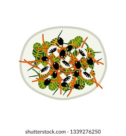 Delicious Salad with Mushrooms and Olives on Plate, Fresh Healthy Dish, Top View Vector Illustration