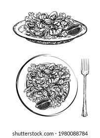 Delicious salad with seafood and vegetables on plate hand drawn sketch on white background. Wholesome meal made of shrimps, avocado, lettuce leaves. Vector. Caesar salad with shrimp. Italian dishes