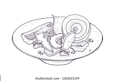 Delicious salad with vegetables and nuts on plate hand drawn with contour lines on white background. Dietary meal made of beetroot, apples, celery and walnuts. Healthy nutrition. Vector illustration.