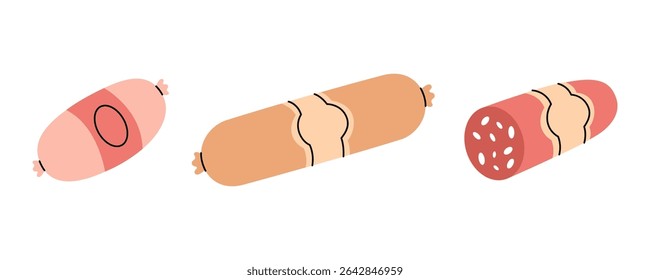 Delicious salami, beef sausage. Butchery menu. Vector illustration.