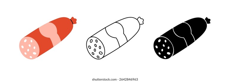 Delicious salami icon set. Semi-finished products. Vector illustration.