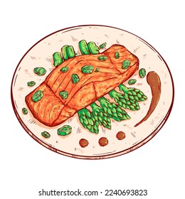 Delicious salmon with asparagus vector illustration. Tasty food hand draw