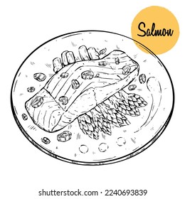 Delicious salmon with asparagus vector illustration. Tasty food hand draw