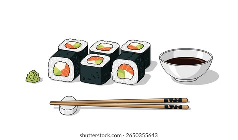 Deliciosos rolos de sushi de abacate de salmão servidos com molho de soja wasabi e pauzinhos