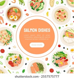 Delicious Salmon Dish Banner Design with Food Served on Plate Vector Template