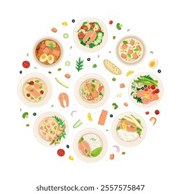 Delicious Salmon Dish Round Composition Design with Food Served on Plate Vector Template