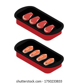Delicious salmon fish fillets and meat beef steaks in baking form for restaurants menu design. Isometric view isolated on white background