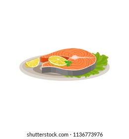 Delicious Salmon Fish With Slices Of Lemon And Fresh Lettuce Leaf On Ceramic Plate. Tasty Dish For Holiday Dinner. Flat Vector Icon