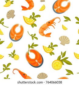 Delicious salmon, king shrimp and exotic oysters in seamless pattern