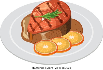 Delicious salmon steak with sauce and orange slices