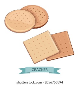 Delicious Salty Cookies Rustic. Cracker chocolate shape round and square healthy snack. Biscuit crispy delicious for breakfast. Design vector illustration template for shop.