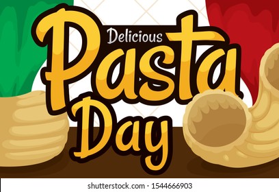 Delicious sample of chifferi rigati, gomiti or elbows pasta, ready to be delighted during Pasta Day celebration over curtains like Italian flag.