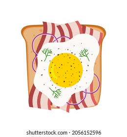 delicious sandwich with bread bacon onion rings and fried egg top view vector illustration