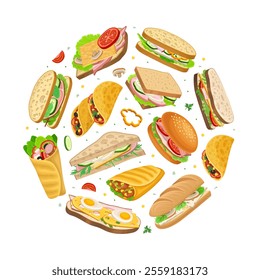 Delicious Sandwich with Different Ingredient Round Composition Design Vector Template