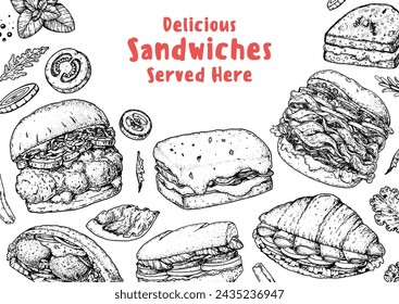 Leckerer Sandwich-Rahmen. Vorlage für Menüentwurf. Sandwichskizzen. Einzigartiges Rezept. Handgezeichnete Vektorgrafik.	