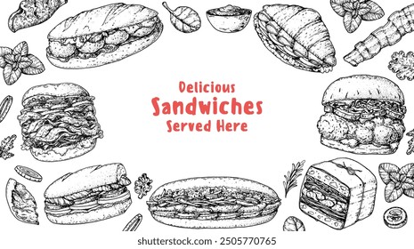 Delicious sandwich frame. Menu design template. Sandwich sketches. Unique recipe. Hand drawn vector illustration.