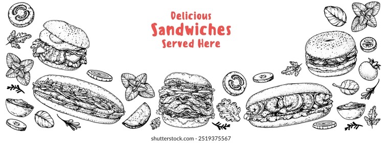 Delicious sandwich frame. Menu design template. Sandwich sketches. Unique recipe. Hand drawn vector illustration.	