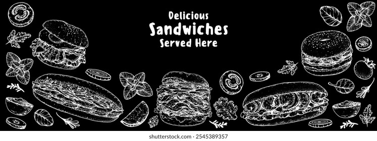 Delicious sandwich frame. Menu design template. Sandwich sketches. Unique recipe. Hand drawn vector illustration.