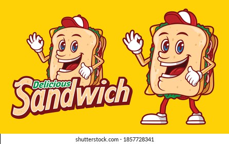 Delicioso sándwich con divertido personaje de caricatura y tipografía combinada