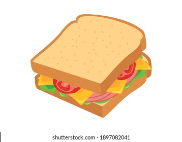 Delicious sandwich with ham, cheese and vegetables icon vector. Healthy snack vector. Sandwich icon isolated on a white background. Toasted bread with cheese, ham and tomatoes clip art