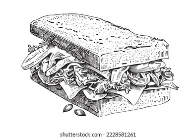 Delicious sandwich hand drawn engraving style sketch Restaurant business concept Vector illustration.