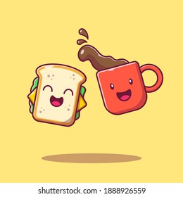 Delicious Sandwich And Hot Coffee Breakfast. Cute Happy Character, Kawaii, And Colorful Suite For Kids, Stickers, And Drawings. Food And Drink Icon Concept. Flat Cartoon Vector Illustration Isolated.