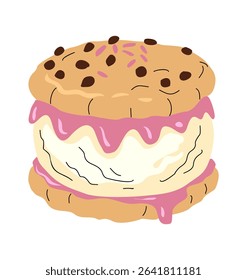 Delicious sandwich ice cream with chocolate cookies and vanilla filling, vector illustration isolated on white background. Perfect for dessert, summer, and sweet food designs