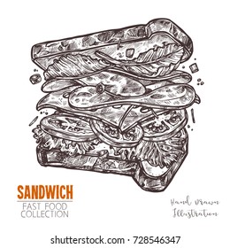 Delicious sandwich with lots of ingredients. Fast food dish in engraving ink line style. Hand drawn vintage sketch. Vector illustration isolated on white background