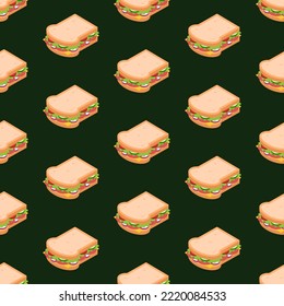 Delicious sandwich seamless pattern.  Fast food icon background. Restaurant menu concept wallpaper. Cute cartoon cuisine vector illustration backdrop. Breakfast or picnic dish. Graphic design element.