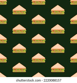 Delicious sandwich seamless pattern.  Fast food icon background. Restaurant menu concept wallpaper. Cute cartoon cuisine vector illustration backdrop. Breakfast or picnic dish. Graphic design element.